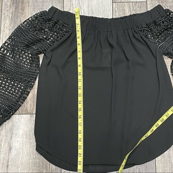NWT Express Off Shoulder Black Blouse Eyelet Lace Sleeves Semi Sheer Size Small - Picture 7 of 13